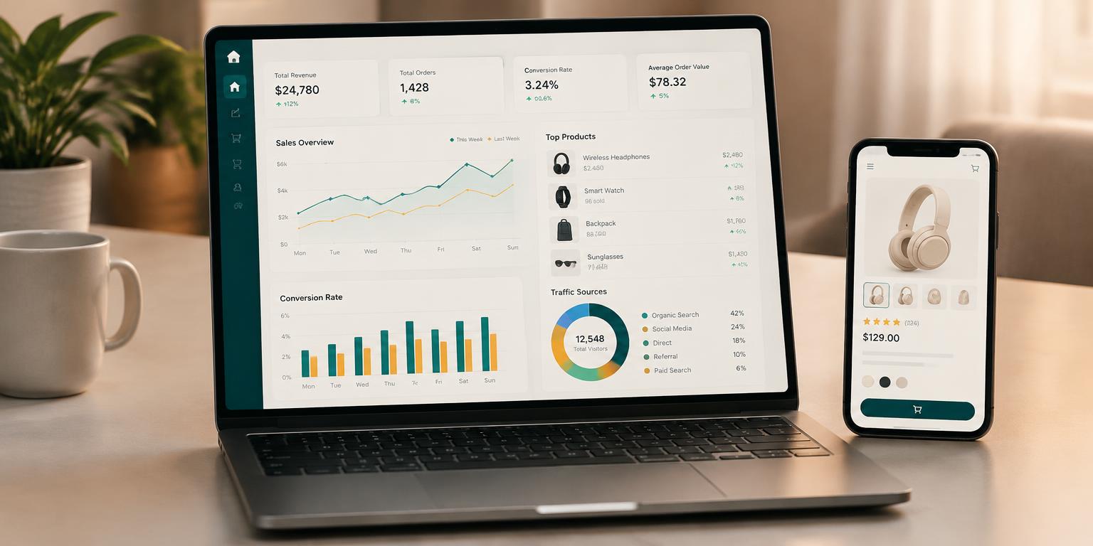 Store dashboard on a laptop next to a phone