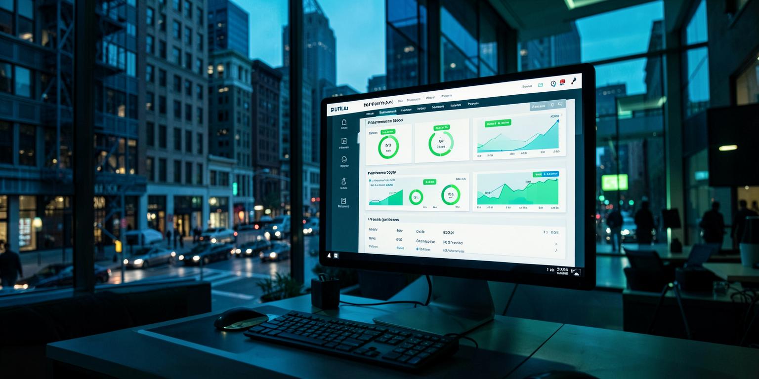 Google PageSpeed performance dashboard on a screen in a downtown Buffalo, NY office at dusk