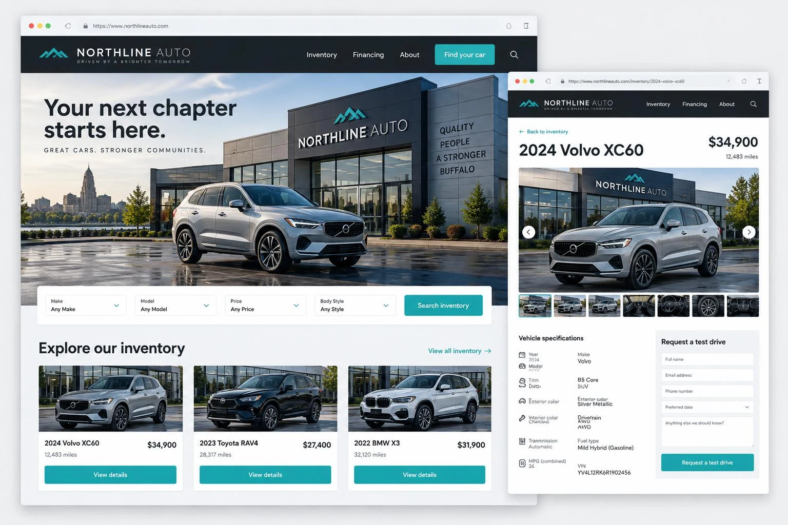 Illustrative dealership website: Northline Auto homepage with inventory cards, overlaid by a Volvo vehicle detail page and test-drive enquiry form.