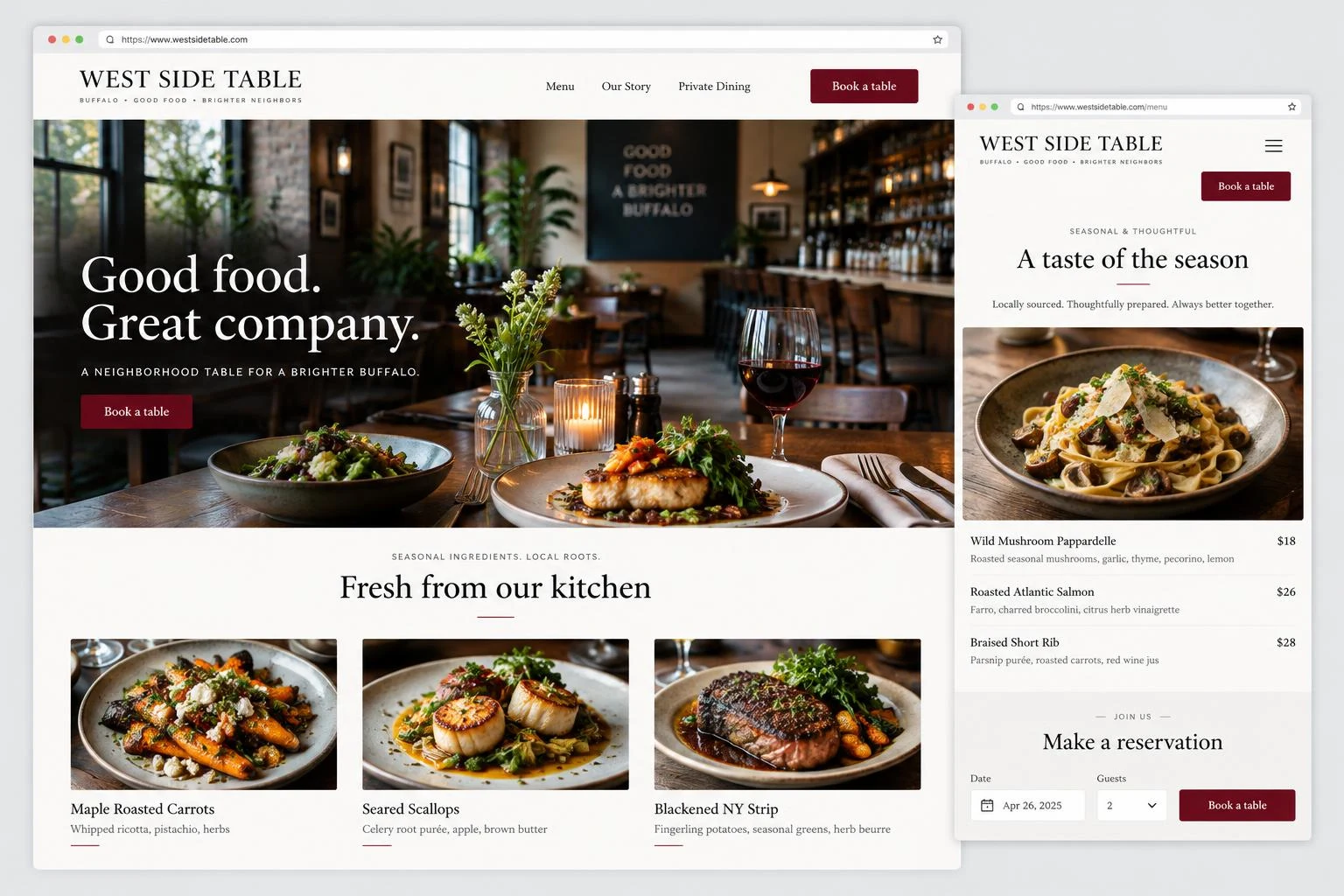 Illustrative restaurant website: West Side Table homepage with food photography and dishes, overlaid by a seasonal menu and reservation page.