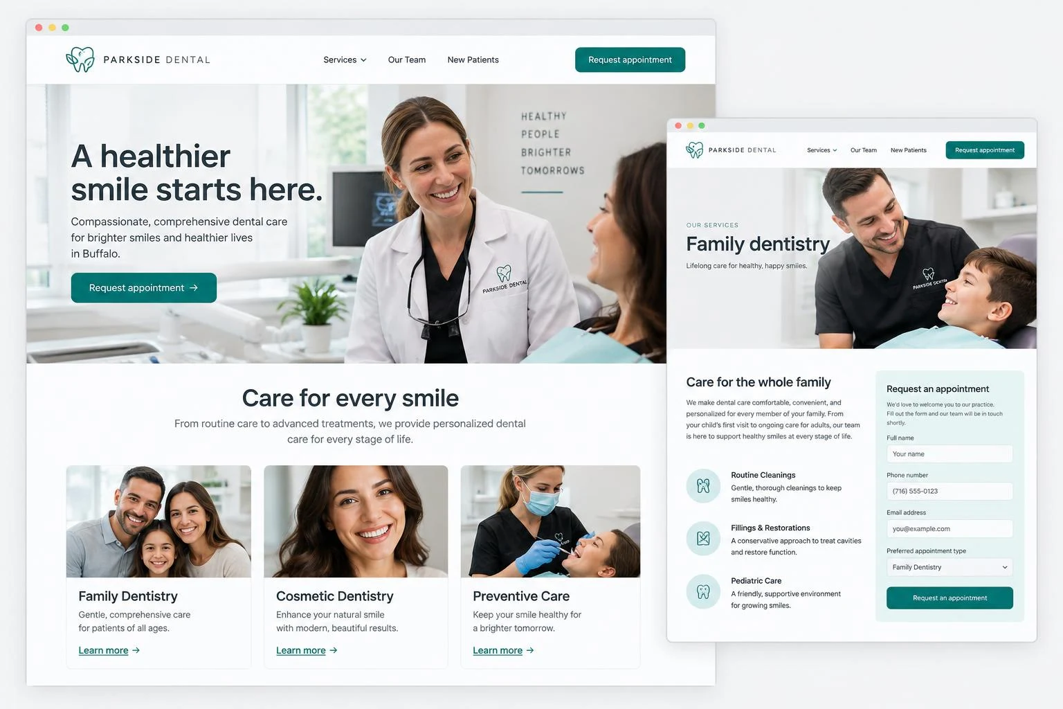 Illustrative dental website: Parkside Dental homepage with providers and services, overlaid by a family dentistry page and appointment enquiry form.