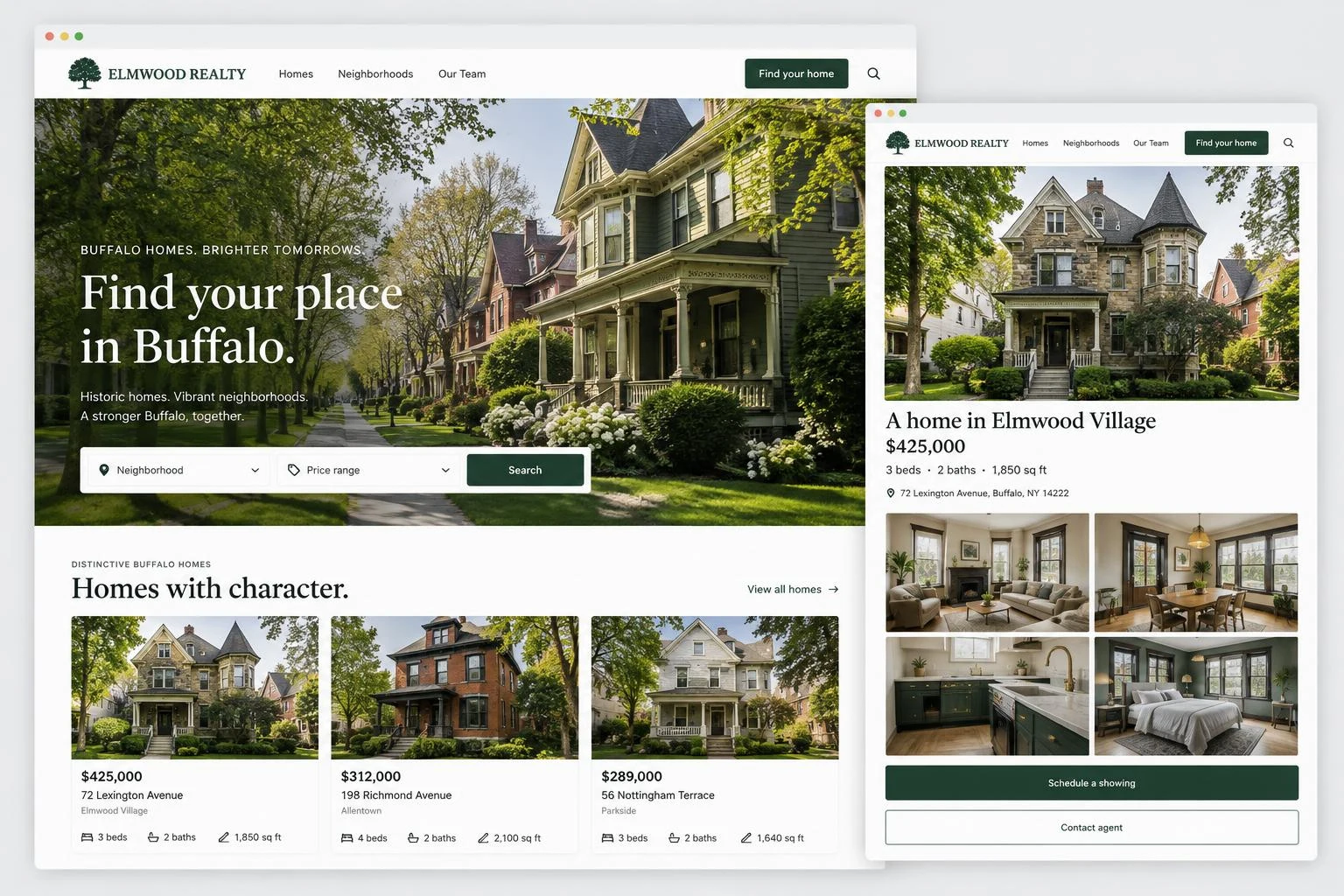 Illustrative real estate website: Elmwood Realty homepage with Buffalo home listings, overlaid by a single property page with photos and a showing request.