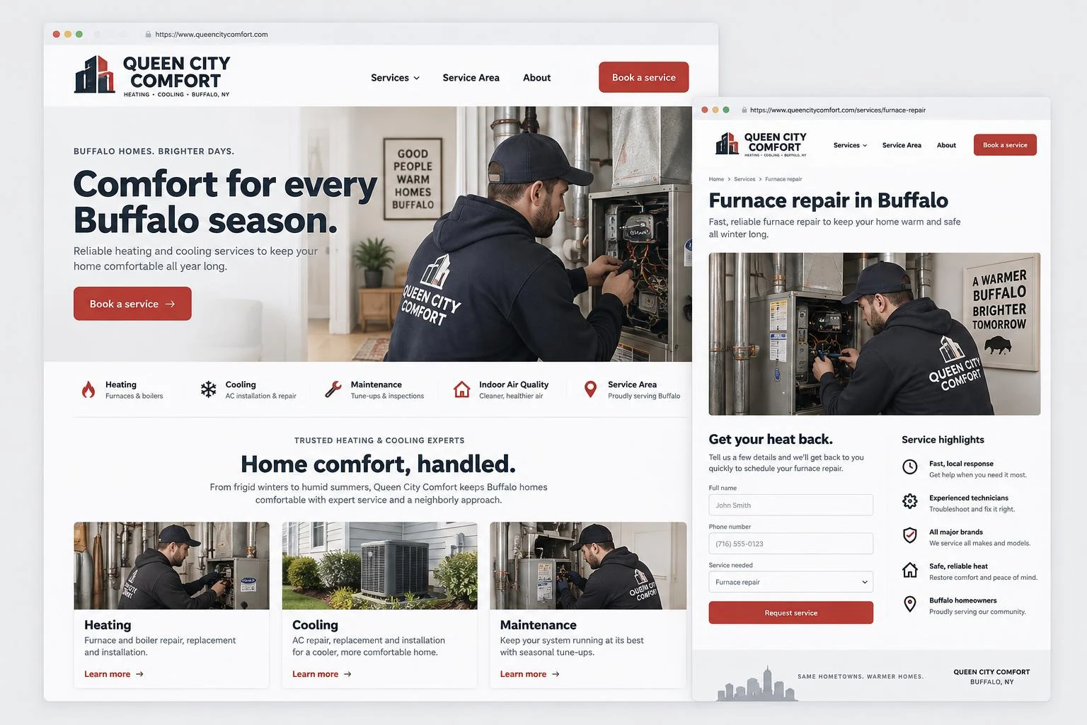 Illustrative home services website: Queen City Comfort homepage with heating and cooling services, overlaid by a furnace repair page and service request form.